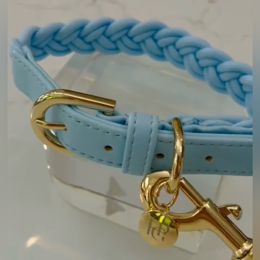HGP Luxury Blue Weaved Dog Cat Collar Gold Hardware Leather Trim Small
